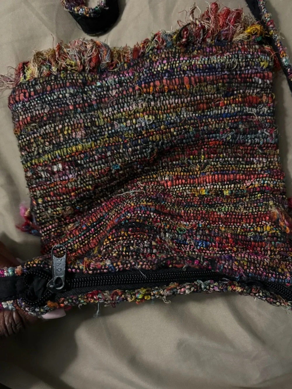 Handwoven Silk Multicolor Fringe Crossbody Bag made in Nepal - Picture 4 of 6